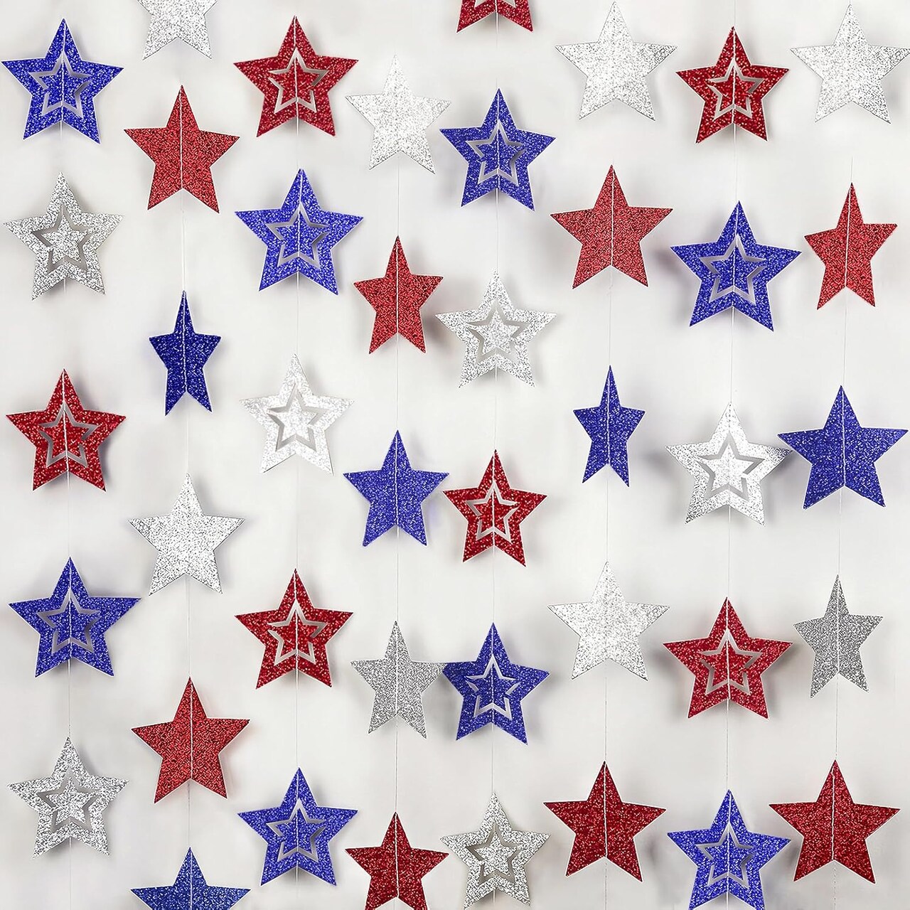 8 Pack Patriotic Star Banner Garland - Glitter Red White Blue Hanging String Garlands for 4th of July, Memorial Day, Independence Day, Veterans Day Party, Holiday Decorations, Labor Day, Party Decor